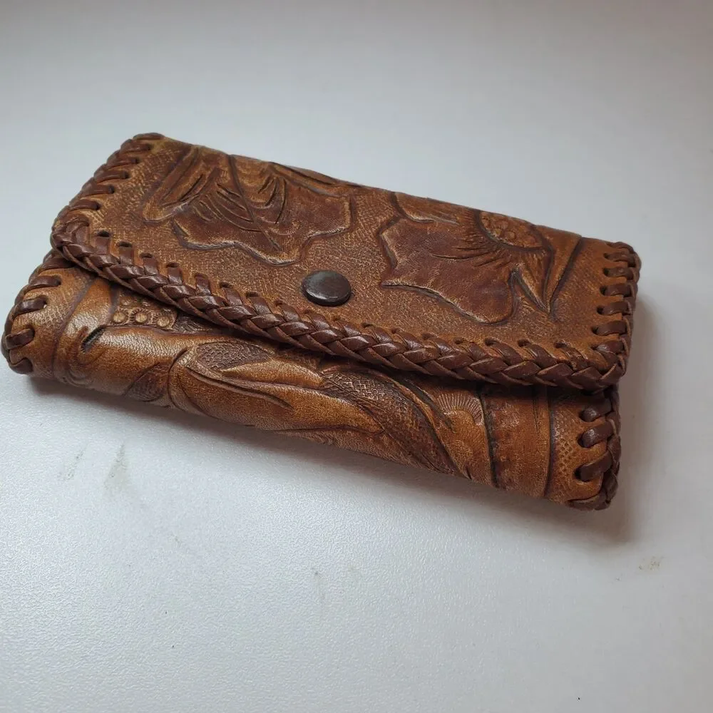 vintage tooled leather key rings case card holder stitched poppy flower detail